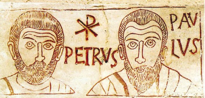 Die Apostel Petrus und Paulus und das Christusmonogramm Chi-Rho (Katakomben in Rom, 4. Jh.)