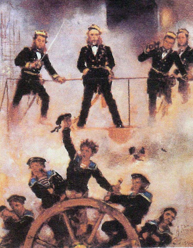 Der unerschrockene Admiral Tegethoff auf seiner Kommandobrücke während des Rammstoßes.