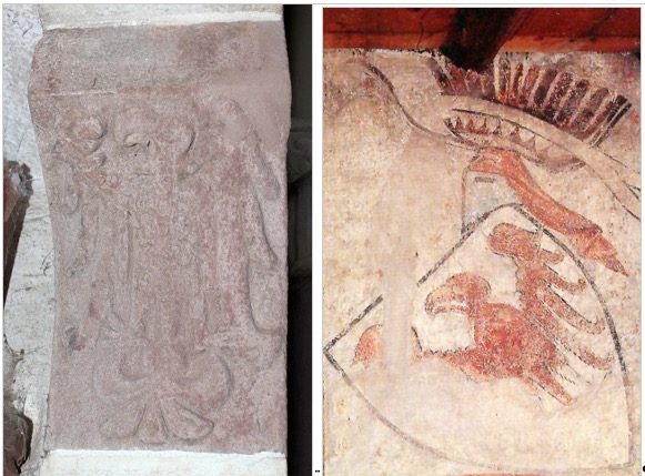 Bild links: Der Tiroler Adler, den Meinhard II. in der Schlosskapelle der Zenoburg bei Meran anbringen ließ. Bild rechts: Der Tiroler Adler in einem Fresko auf Schloss Tirol. 