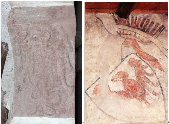 Bild links: Der Tiroler Adler, den Meinhard II. in der Schlosskapelle der Zenoburg bei Meran anbringen ließ. Bild rechts: Der Tiroler Adler in einem Fresko auf Schloss Tirol.