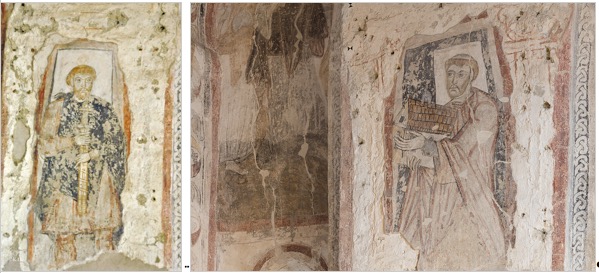 Links: Ein fränkischer Grundherr in karlingischer Hoftracht. Rechts: Eine der beiden Stifterfiguren.